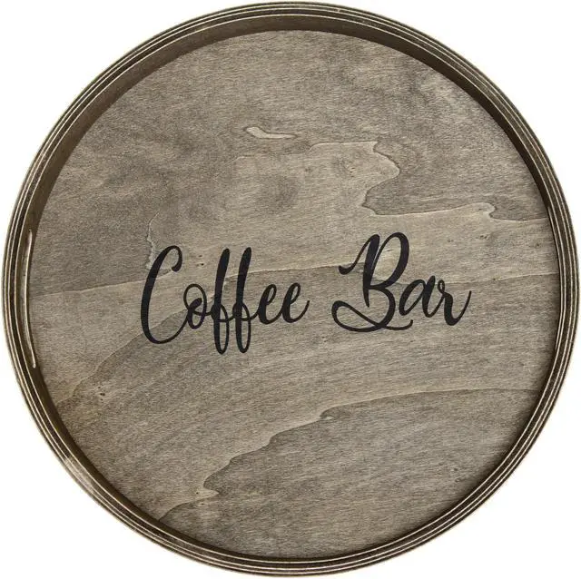 Main image of Elegant Designs Decorative 13.75" Round Wood Serving Tray w/ Handles, "Coffee Bar"