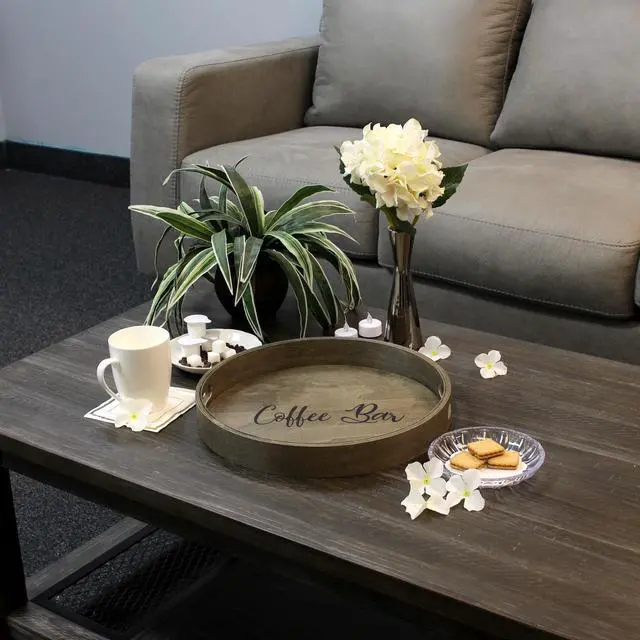 Alt view image 6 of 20 - Elegant Designs Decorative 13.75" Round Wood Serving Tray w/ Handles, "Coffee Bar"