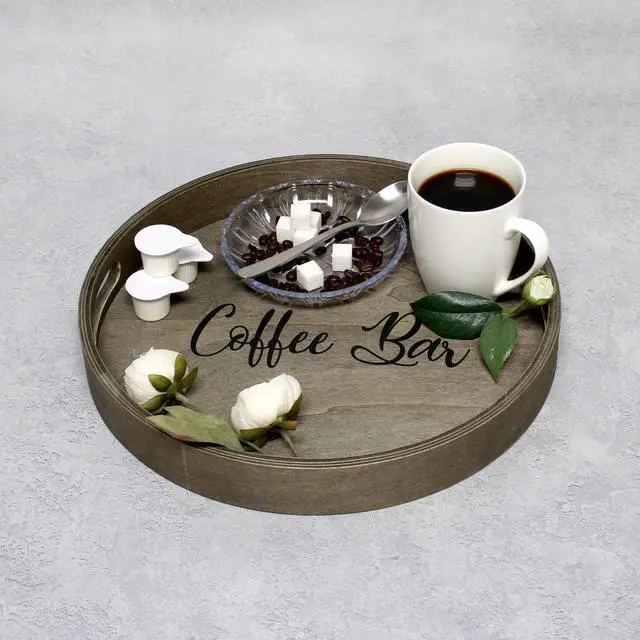Alt view image 5 of 20 - Elegant Designs Decorative 13.75" Round Wood Serving Tray w/ Handles, "Coffee Bar"