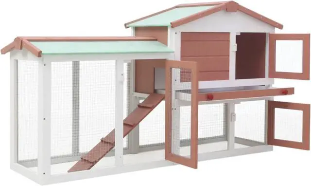 Alt view image 2 of 8 - vidaXL Outdoor Large Rabbit Hutch Brown and White 57.1"x17.7"x33.5" Wood