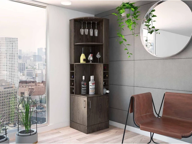 Main image of TUHOME Syrah Corner Bar Cabinet, Two External Shelves, Cup Rack -Dark Brown, For Living Room