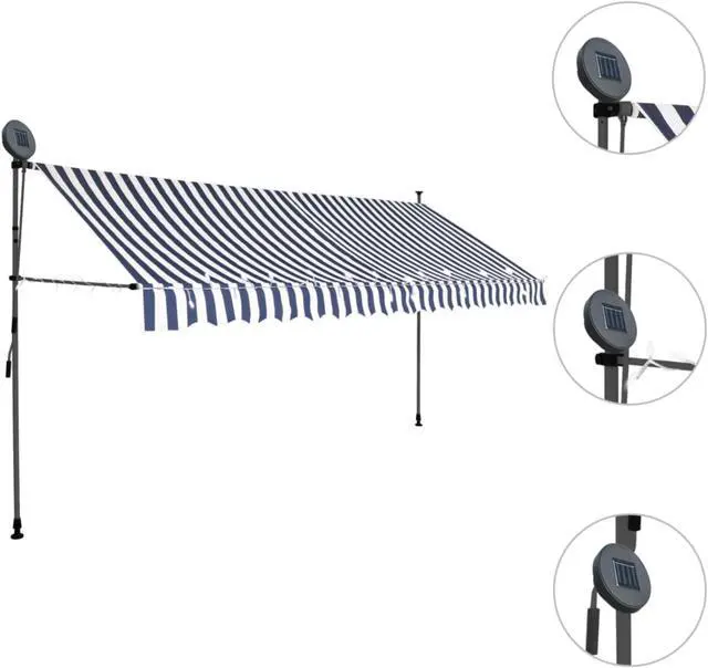 Alt view image 8 of 8 - vidaXL Retractable Awning Patio with Hand Crank and LED 157.5" Blue and White
