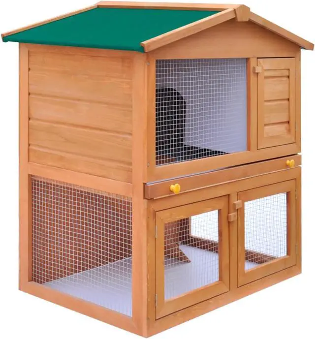 Alt view image 2 of 10 - Outdoor Rabbit Hutch Small Animal House Pet Cage 3 Doors Wood