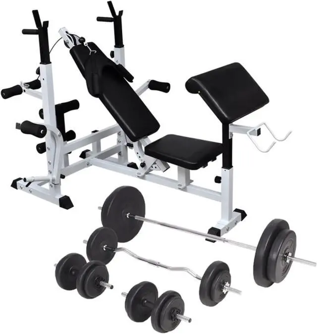 Alt view image 5 of 10 - vidaXL Weight Bench with Weight Rack, Barbell and Dumbbell Set 198.4 lb