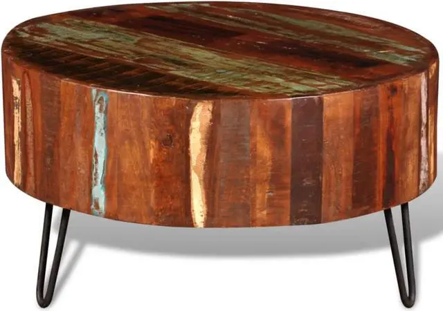 Alt view image 8 of 14 - vidaXL Coffee Table Round End Table with Iron Pin Legs Solid Wood Reclaimed