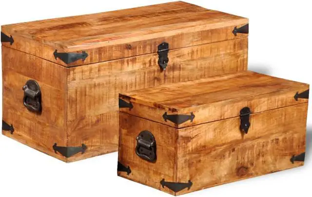 Alt view image 9 of 11 - vidaXL Set of 2 Mango Wood Blanket Toy Storage Chests Boxes Trunks Home Decor
