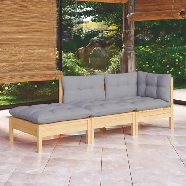 Alt view image 6 of 15 - vidaXL 3 Piece Patio Lounge Set with Gray Cushions Solid Pinewood