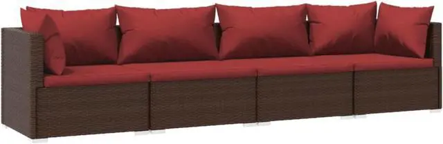 Alt view image 3 of 10 - vidaXL 4 Piece Patio Lounge Set with Cushions Poly Rattan Brown