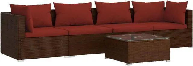 Alt view image 3 of 10 - vidaXL 5 Piece Patio Lounge Set with Cushions Poly Rattan Brown