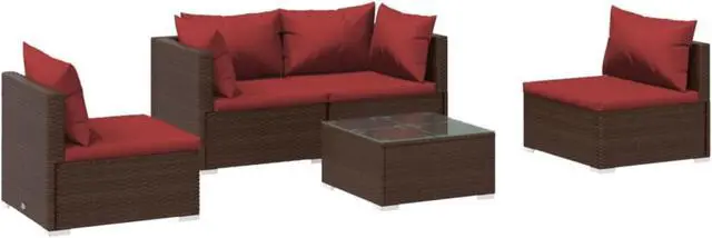 Alt view image 3 of 10 - vidaXL 5 Piece Patio Lounge Set with Cushions Poly Rattan Brown