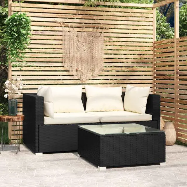 Alt view image 3 of 6 - vidaXL 3 Piece Patio Lounge Set with Cushions Black Poly Rattan