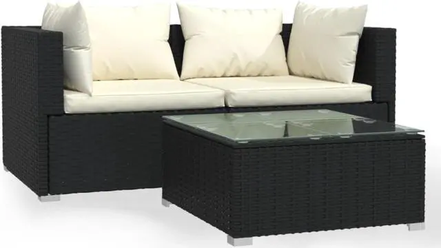 Alt view image 5 of 6 - vidaXL 3 Piece Patio Lounge Set with Cushions Black Poly Rattan
