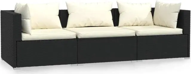 Alt view image 3 of 7 - vidaXL 3-Seater Sofa with Cushions Black Poly Rattan