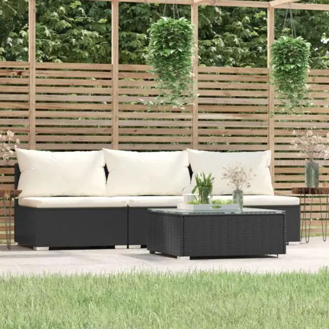 Alt view image 4 of 7 - vidaXL 4 Piece Patio Lounge Set with Cushions Black Poly Rattan