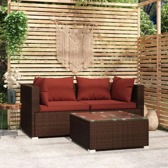 Main image of vidaXL 3 Piece Patio Lounge Set with Cushions Brown Poly Rattan