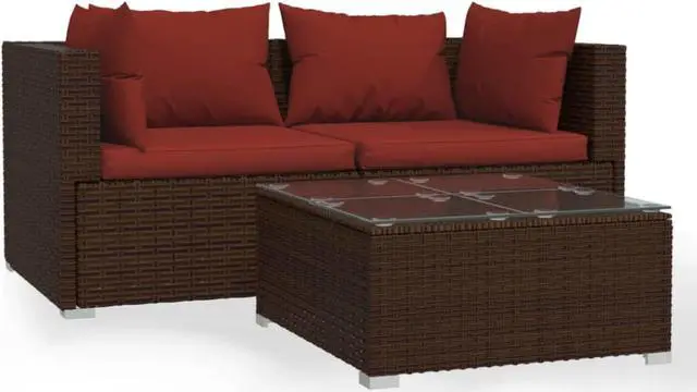 Alt view image 3 of 6 - vidaXL 3 Piece Patio Lounge Set with Cushions Brown Poly Rattan