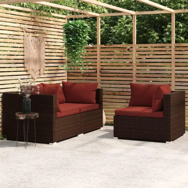 Main image of vidaXL 3 Piece Patio Lounge Set with Cushions Brown Poly Rattan