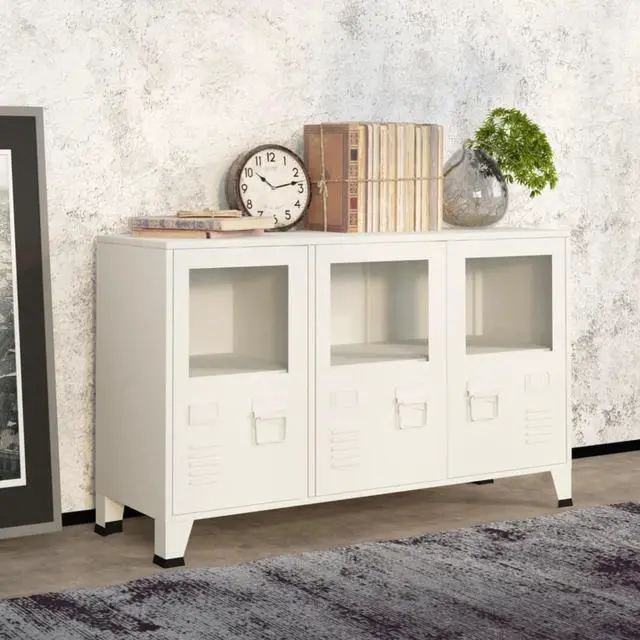 Alt view image 13 of 16 - vidaXL Sideboard Industrial Storage Cabinet with Handle White Metal and Glass