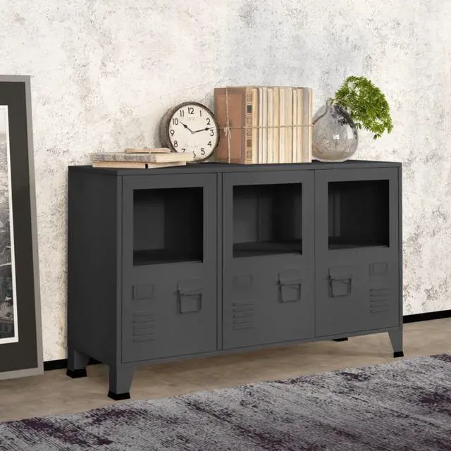 Alt view image 12 of 14 - vidaXL Industrial Sideboard Anthracite 41.3"x13.8"x24.4" Metal and Glass