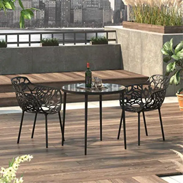 Alt view image 20 of 20 - LeisureMod Devon Tree Design Glass Top Aluminum Base Indoor Outdoor Bistro Dining Table, Black