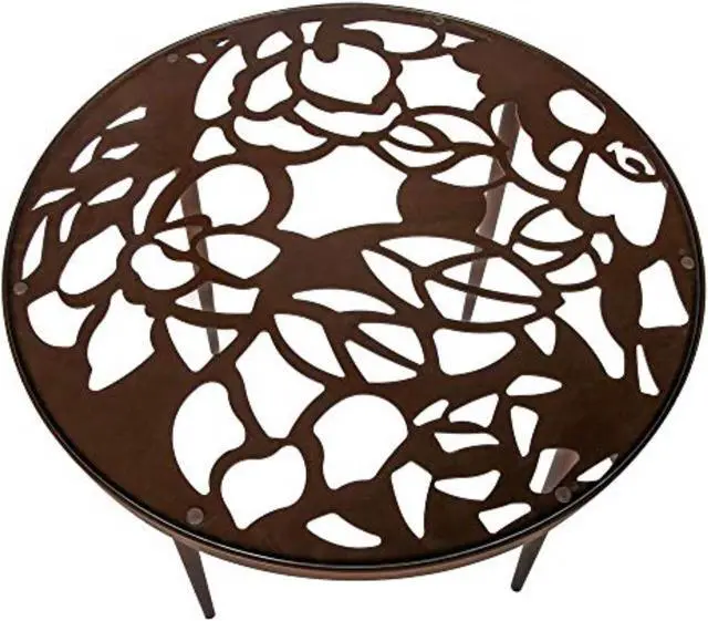 Alt view image 20 of 20 - LeisureMod Devon Tree Design Glass Top Aluminum Base Indoor Outdoor Bistro Dining Table, Brown