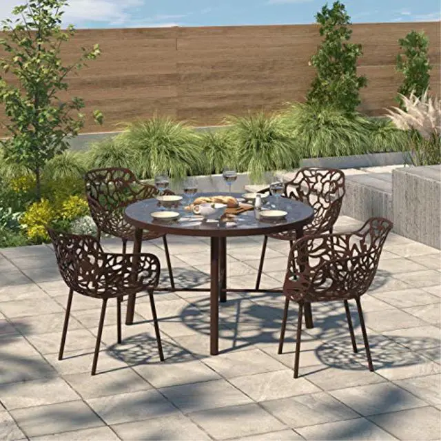 Alt view image 20 of 20 - LeisureMod Devon Tree Design Glass Top Aluminum Base Indoor Outdoor Dining Table, Brown