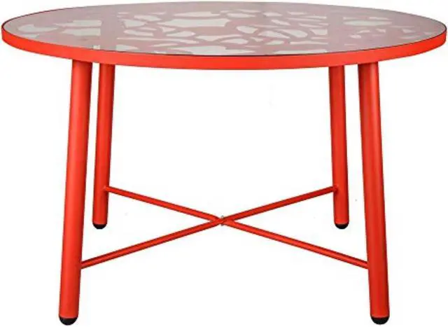 Alt view image 18 of 20 - LeisureMod Devon Tree Design Glass Top Aluminum Base Indoor Outdoor Dining Table, Red