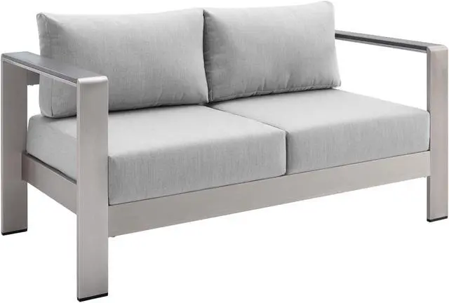 Main image of Shore Sunbrella Fabric Aluminum Outdoor Patio Loveseat Silver Gray