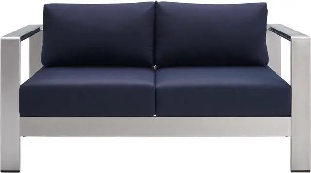 Alt view image 4 of 6 - Shore Sunbrella Fabric Aluminum Outdoor Patio Loveseat Silver Navy