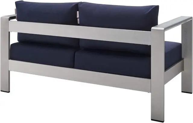 Alt view image 3 of 6 - Shore Sunbrella Fabric Aluminum Outdoor Patio Loveseat Silver Navy