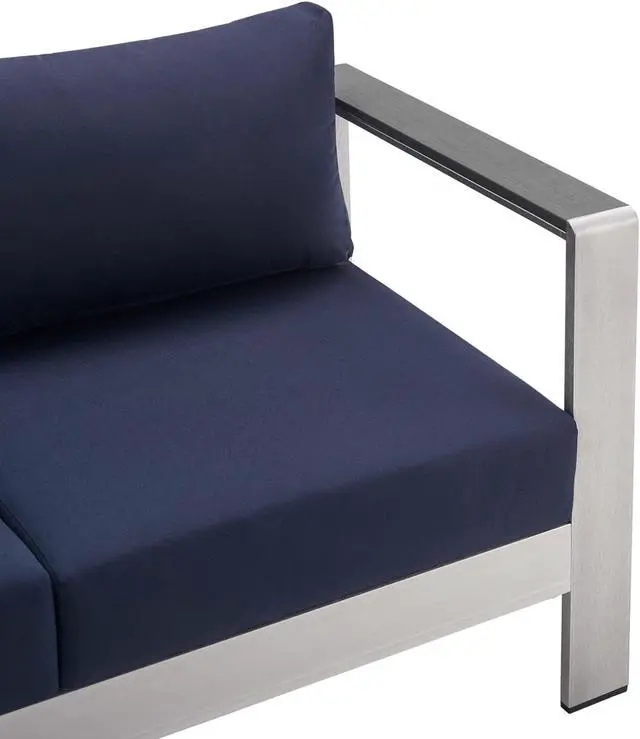 Alt view image 5 of 6 - Shore Sunbrella Fabric Aluminum Outdoor Patio Loveseat Silver Navy