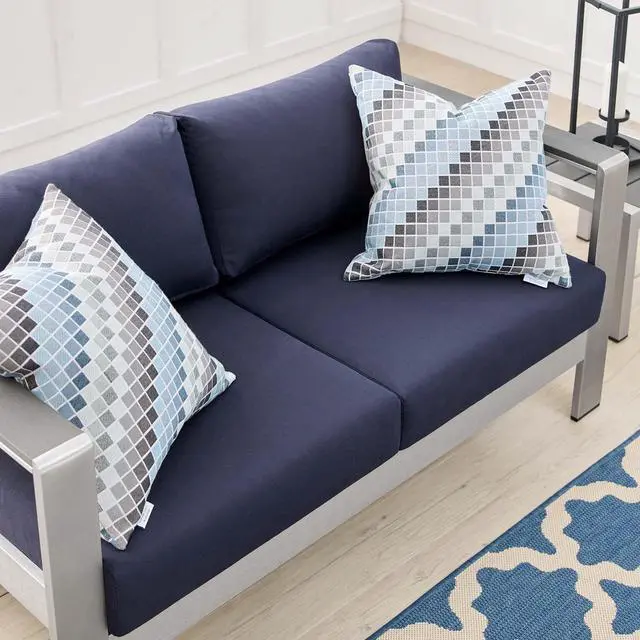 Alt view image 6 of 6 - Shore Sunbrella Fabric Aluminum Outdoor Patio Loveseat Silver Navy
