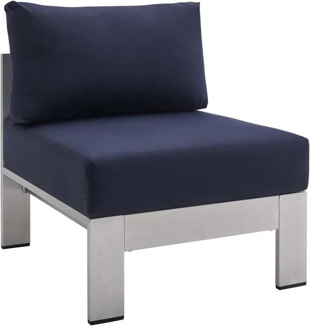 Main image of Shore Sunbrella Fabric Aluminum Outdoor Patio Armless Chair Silver Navy