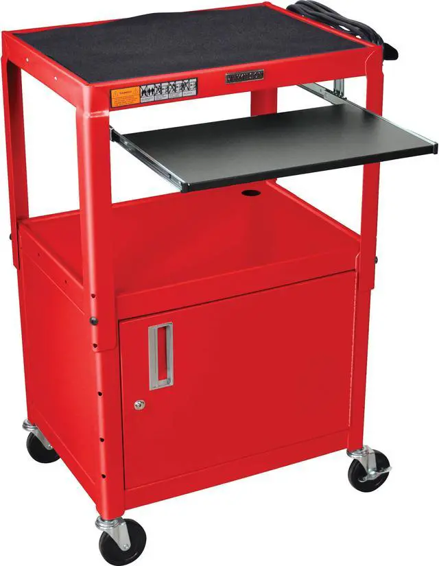 Alt view image 7 of 7 - Red 24W X 18D X 24 42H Steel Adjustable Height AV Cart  with Cabinet and Pullout Tray and Drop Leaf