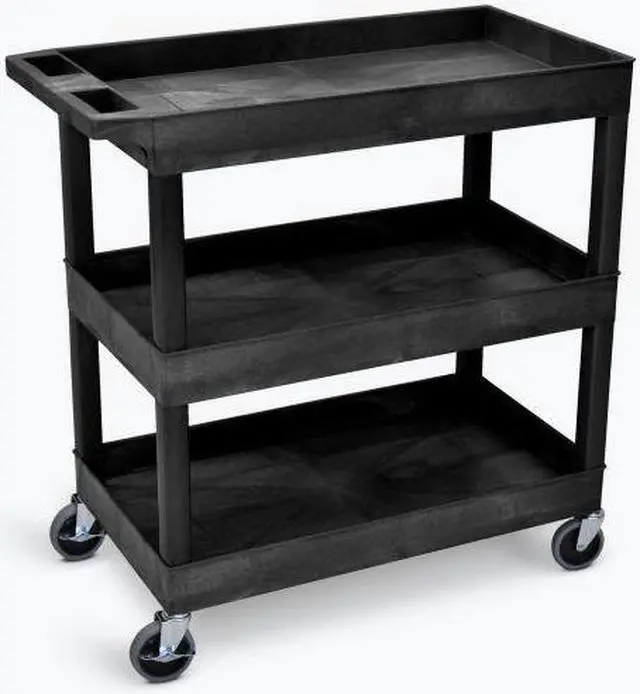 Alt view image 17 of 20 - Luxor Mobile Home Office Kitchen Service Push Handle High Capacity 18"D x 32"W Tub Utility Storage Cart 3 Shelves Black