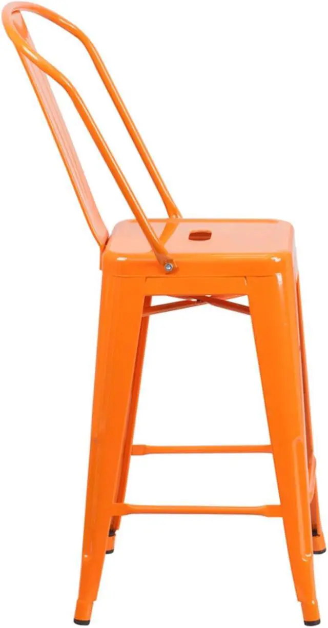 Alt view image 17 of 19 - Commercial Grade 24" High Orange Metal Indoor-Outdoor Counter Height Stool with Removable Back