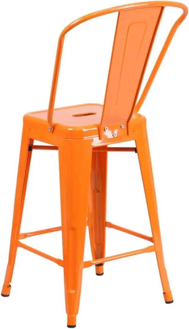 Alt view image 18 of 19 - Commercial Grade 24" High Orange Metal Indoor-Outdoor Counter Height Stool with Removable Back