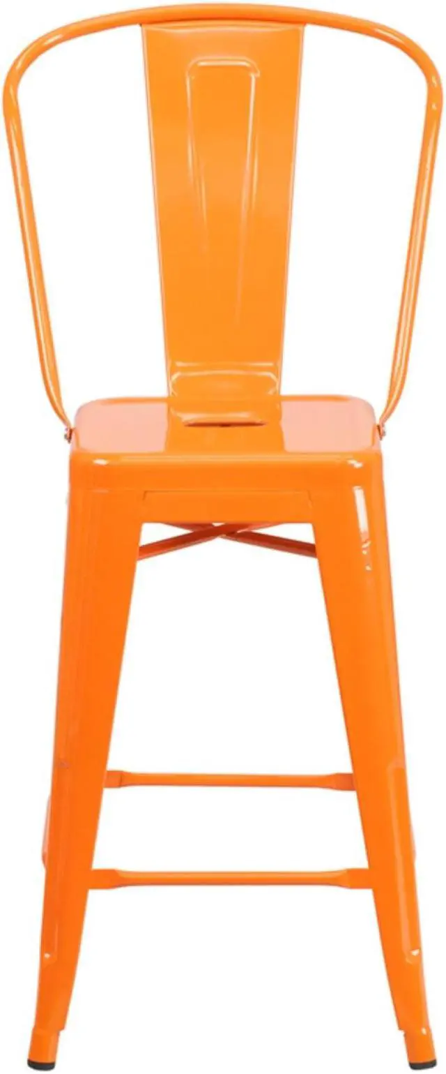 Alt view image 19 of 19 - Commercial Grade 24" High Orange Metal Indoor-Outdoor Counter Height Stool with Removable Back