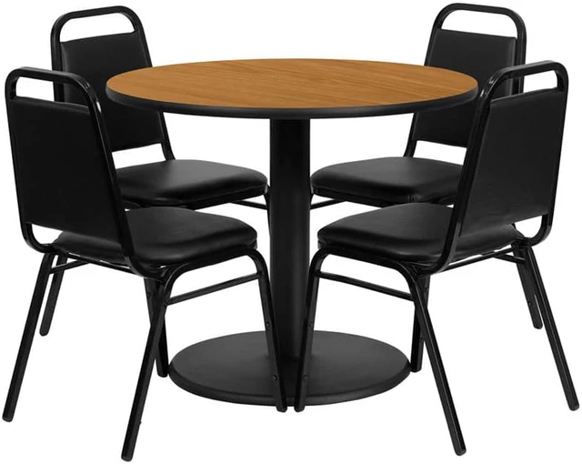 Main image of Flash Furniture 36" Round Natural Laminate Table Set with 4 Black Trapezoidal Back Banquet Chairs