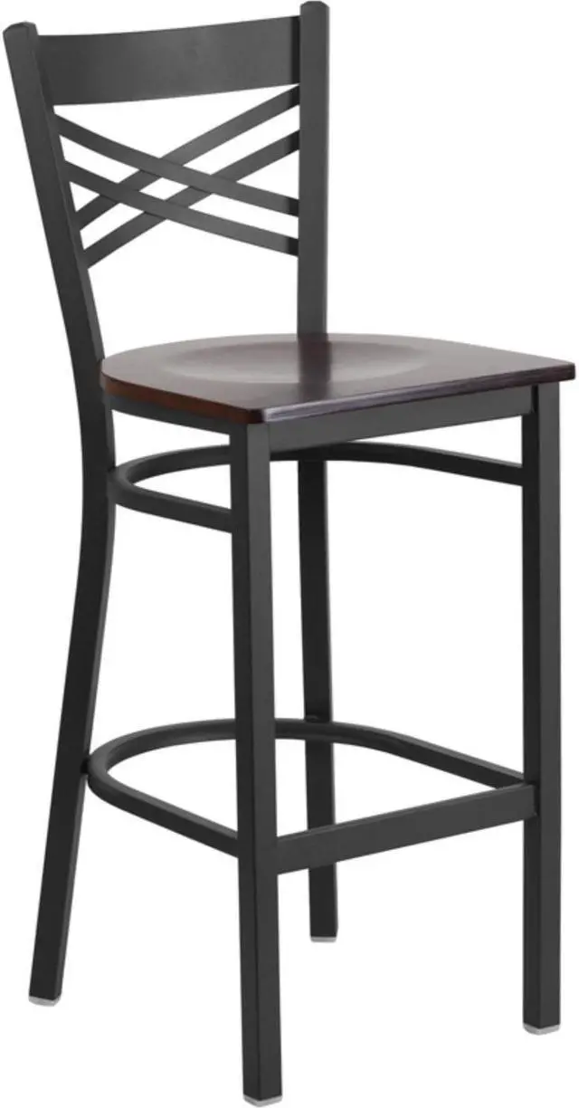 Alt view image 8 of 20 - HERCULES Series Black ''X'' Back Metal Restaurant Barstool - Walnut Wood Seat