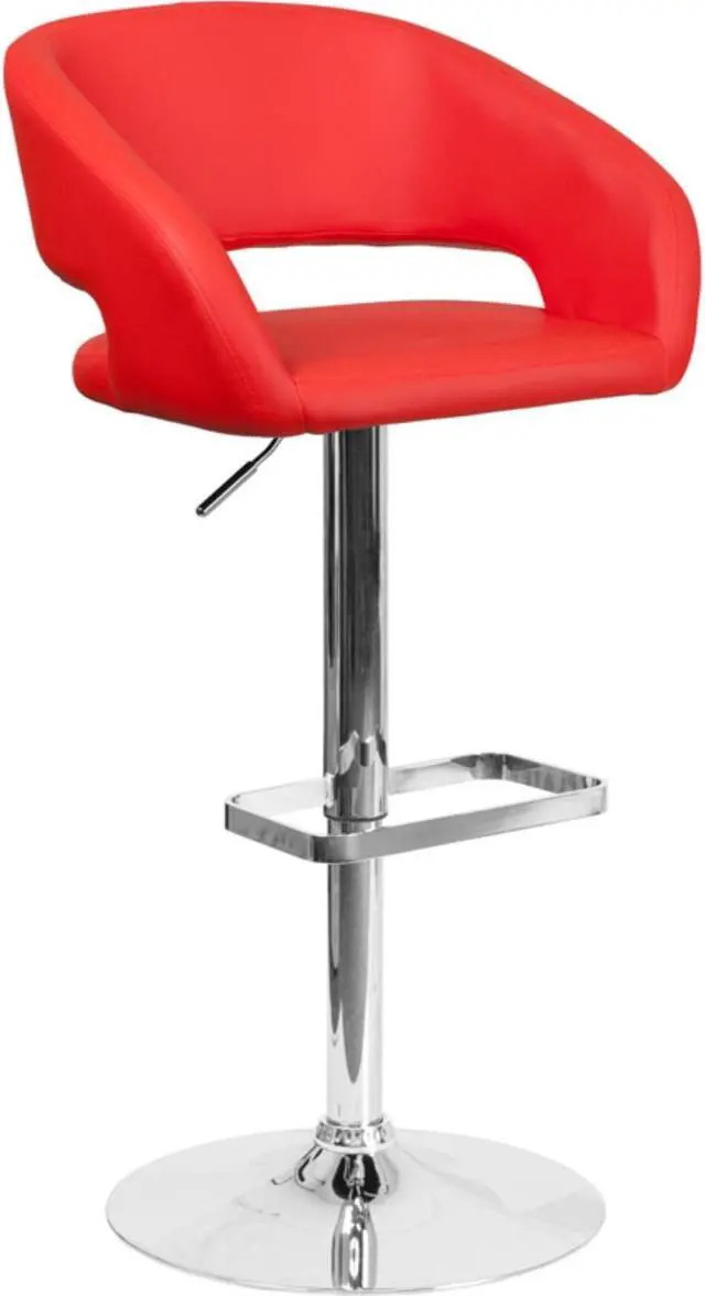 Alt view image 16 of 20 - Contemporary Red Vinyl Adjustable Height Barstool with Rounded Mid-Back and Chrome Base