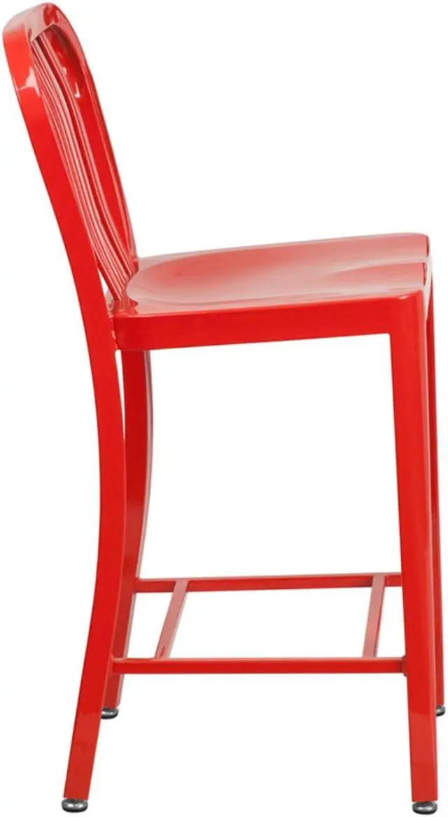 Alt view image 17 of 20 - Commercial Grade 24" High Red Metal Indoor-Outdoor Counter Height Stool with Vertical Slat Back