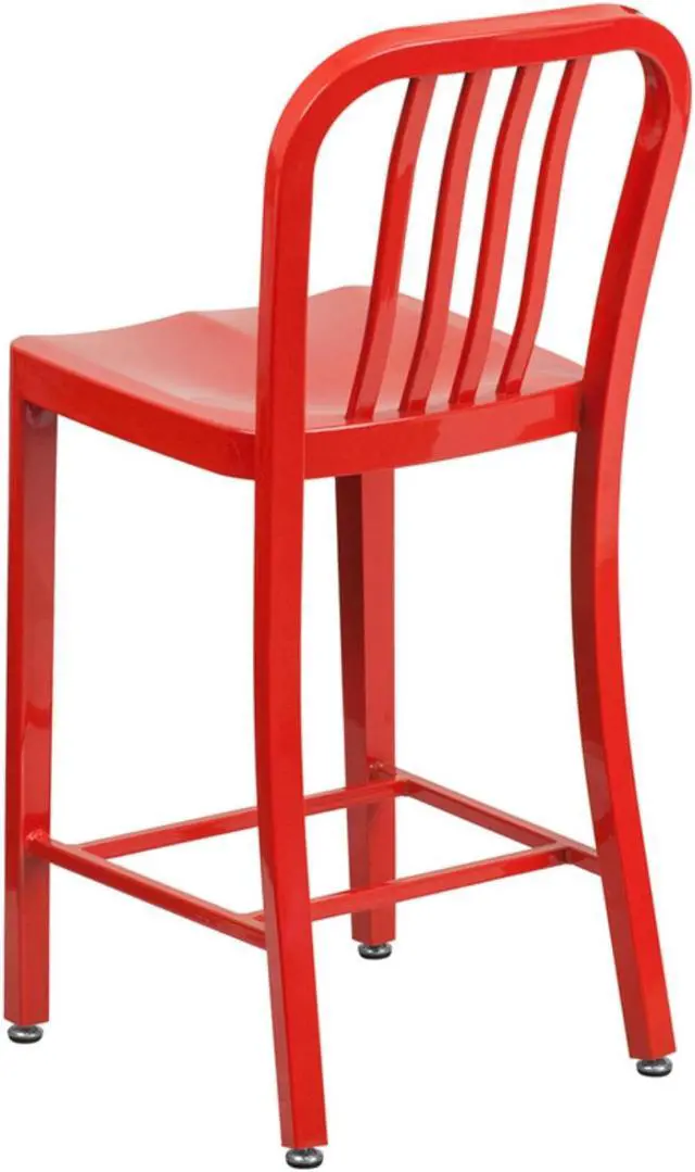 Alt view image 18 of 20 - Commercial Grade 24" High Red Metal Indoor-Outdoor Counter Height Stool with Vertical Slat Back