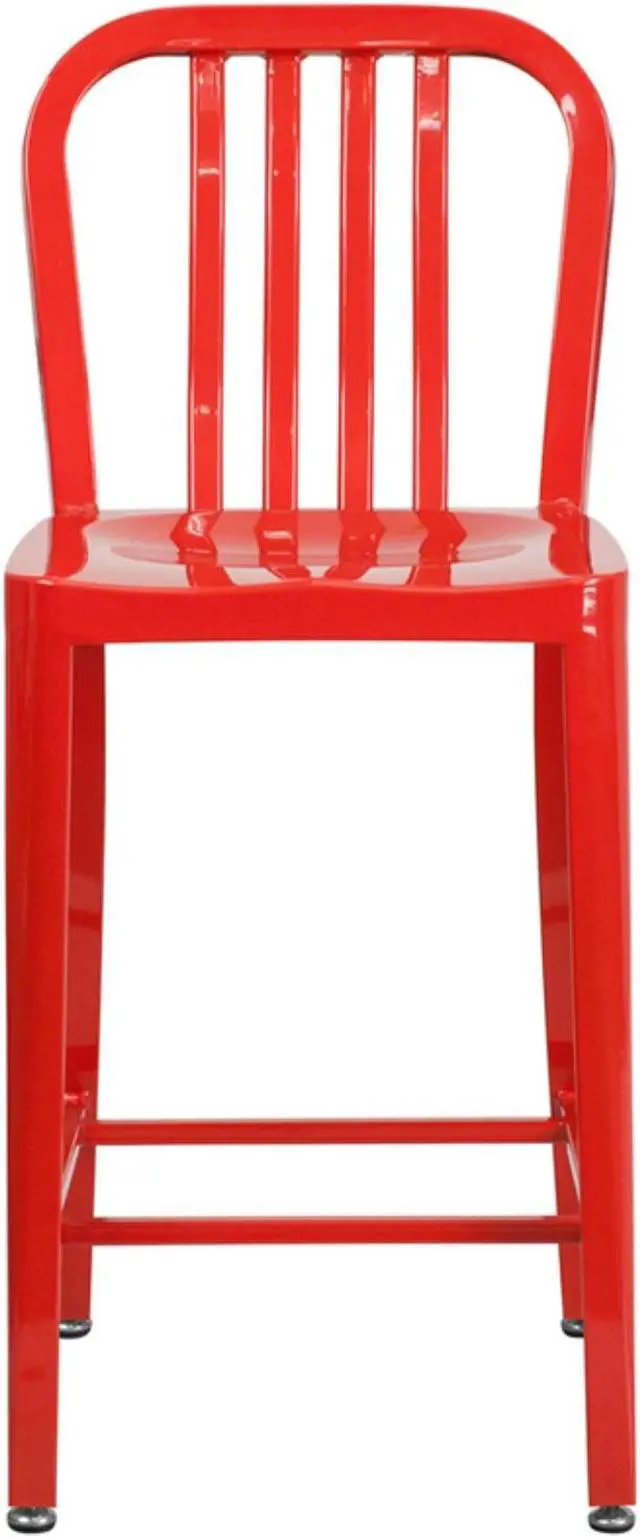 Alt view image 19 of 20 - Commercial Grade 24" High Red Metal Indoor-Outdoor Counter Height Stool with Vertical Slat Back