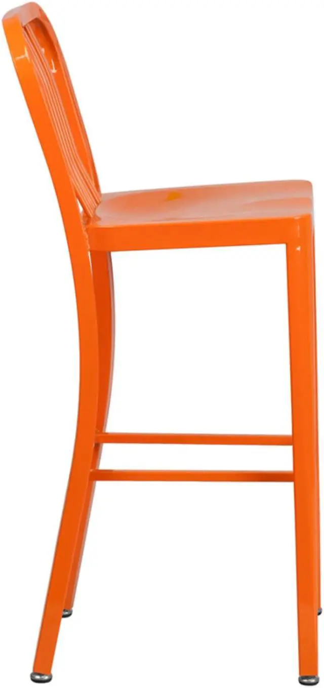 Alt view image 8 of 20 - Commercial Grade 30" High Orange Metal Indoor-Outdoor Barstool with Vertical Slat Back