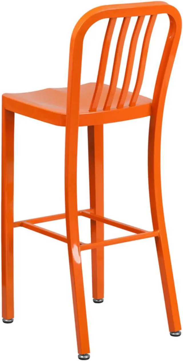 Alt view image 9 of 20 - Commercial Grade 30" High Orange Metal Indoor-Outdoor Barstool with Vertical Slat Back
