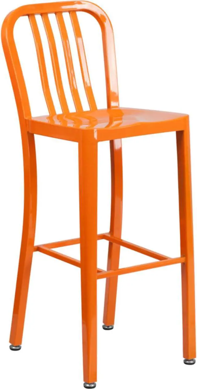 Alt view image 7 of 20 - Commercial Grade 30" High Orange Metal Indoor-Outdoor Barstool with Vertical Slat Back