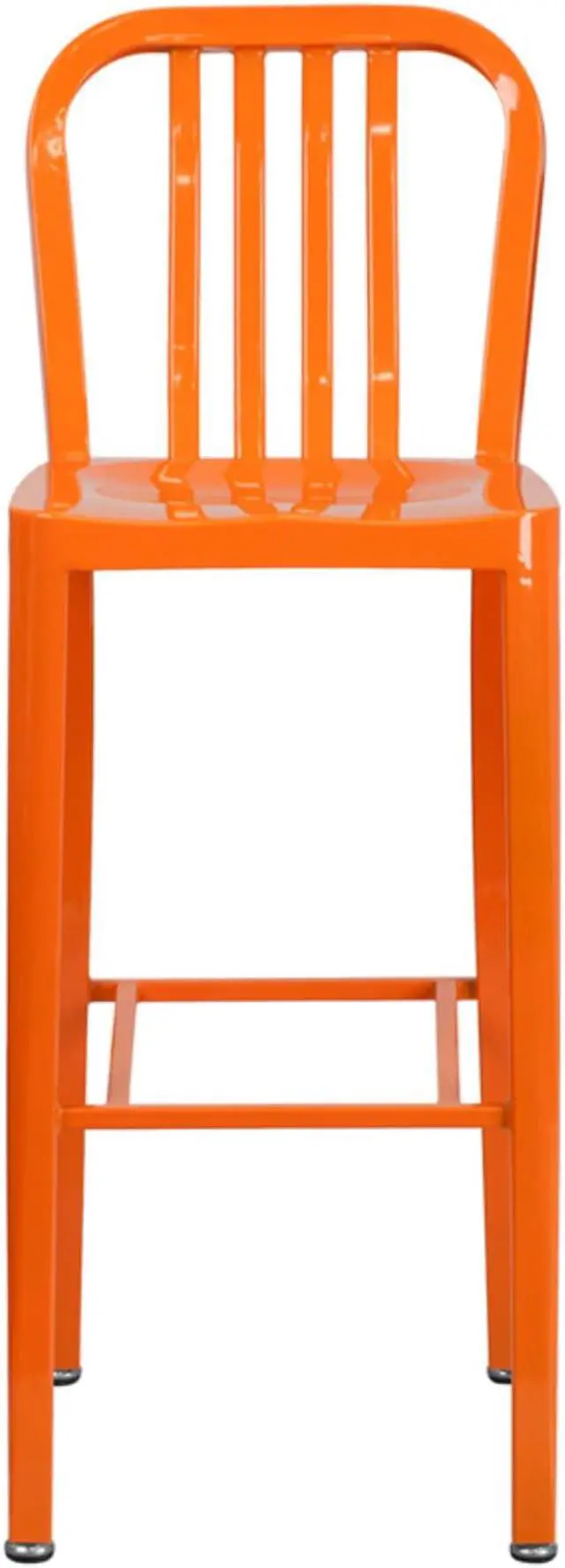 Alt view image 10 of 20 - Commercial Grade 30" High Orange Metal Indoor-Outdoor Barstool with Vertical Slat Back