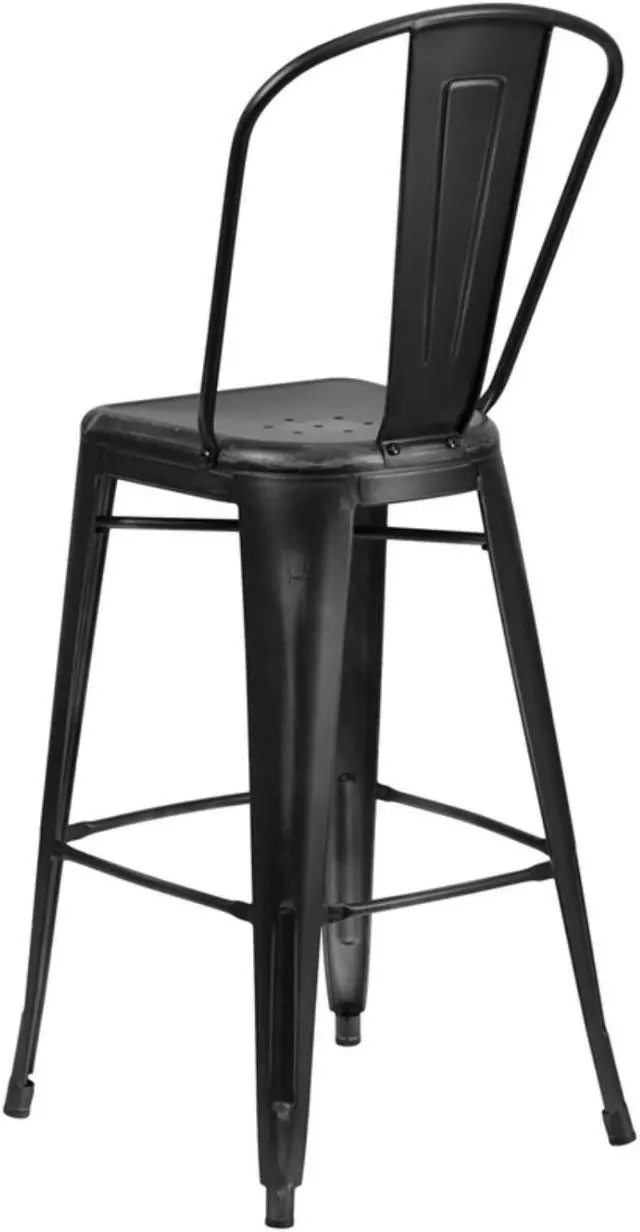 Alt view image 14 of 18 - Commercial Grade 30" High Distressed Green-Blue Metal Indoor-Outdoor Barstool with Back
