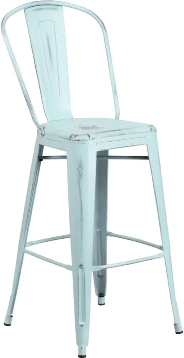 Alt view image 16 of 18 - Commercial Grade 30" High Distressed Green-Blue Metal Indoor-Outdoor Barstool with Back